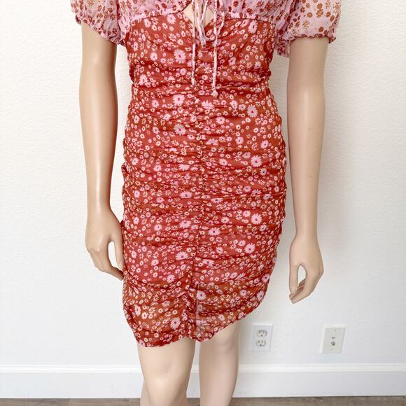 [Free People] Tessa Floral Puff Sleeve Ruched Open Back Mini Dress Size Large L - Picture 7 of 11